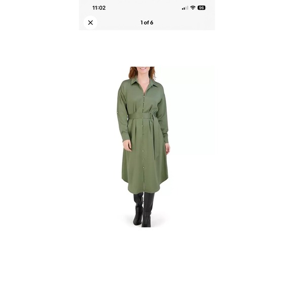 NWT French Connection Olive Green Shirt Dress Medium M Midi Belted Satin Career - Picture 2 of 11